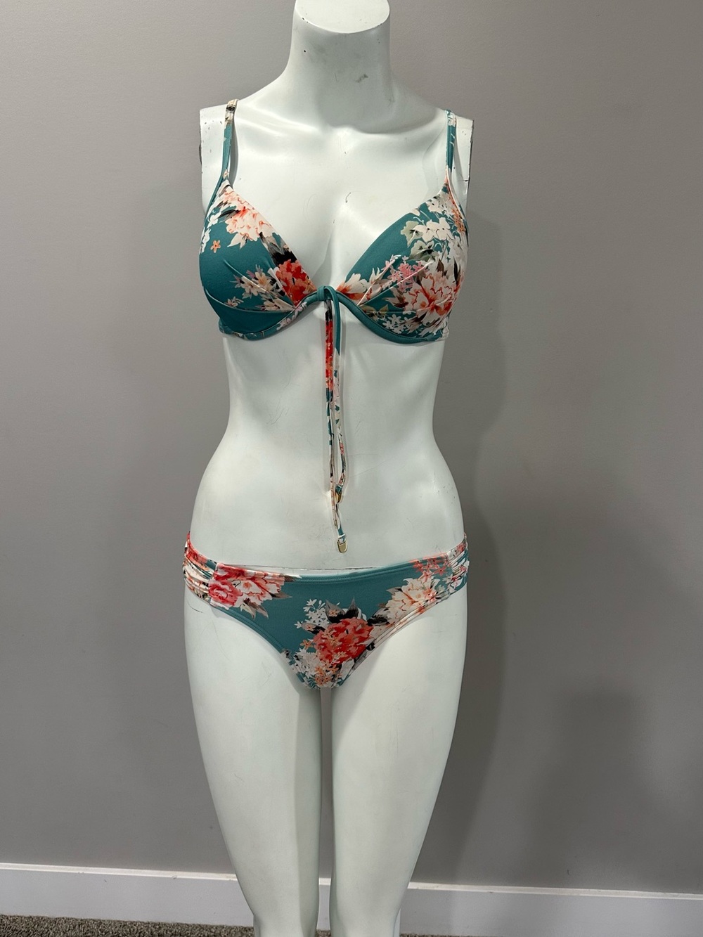 Floral Teal Underwire Tie-Front Bikini Set